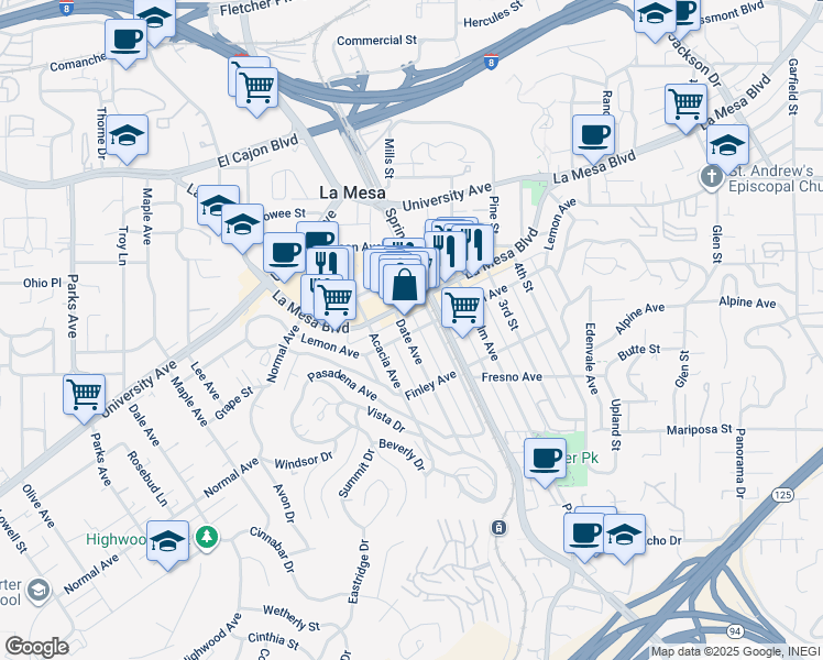 map of restaurants, bars, coffee shops, grocery stores, and more near 4670 Date Avenue in La Mesa