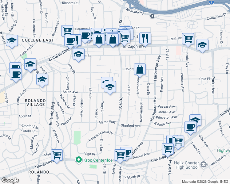 map of restaurants, bars, coffee shops, grocery stores, and more near 6925 Tower Street in La Mesa
