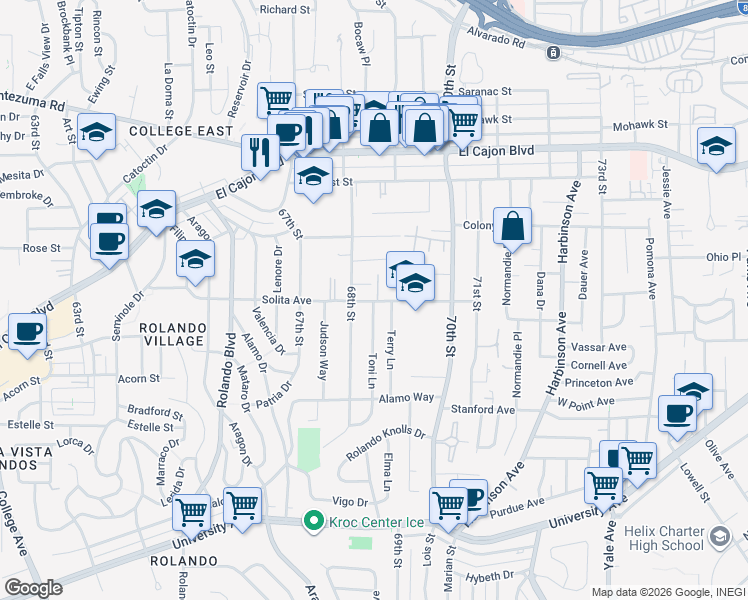 map of restaurants, bars, coffee shops, grocery stores, and more near 4674 Terry Lane in La Mesa