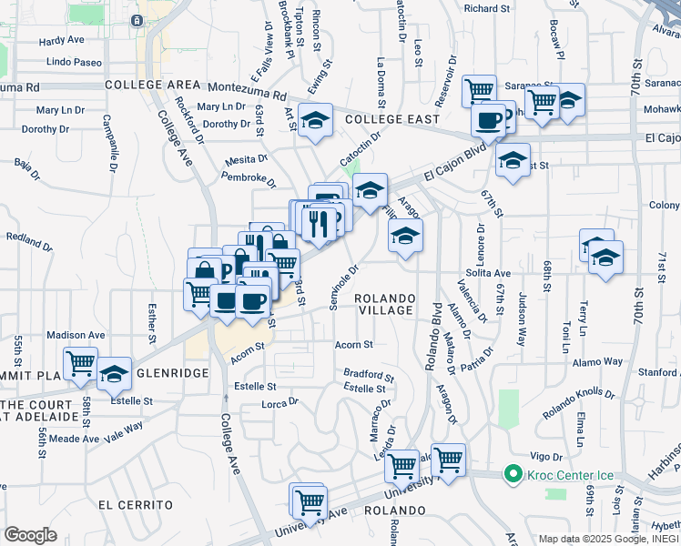 map of restaurants, bars, coffee shops, grocery stores, and more near 6317 El Cajon Boulevard in San Diego