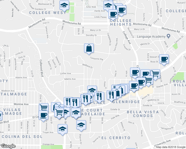 map of restaurants, bars, coffee shops, grocery stores, and more near 4712 Redland Drive in San Diego