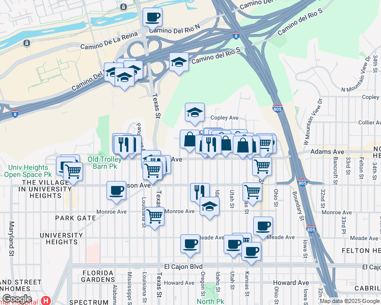 map of restaurants, bars, coffee shops, grocery stores, and more near 2520 Adams Avenue in San Diego