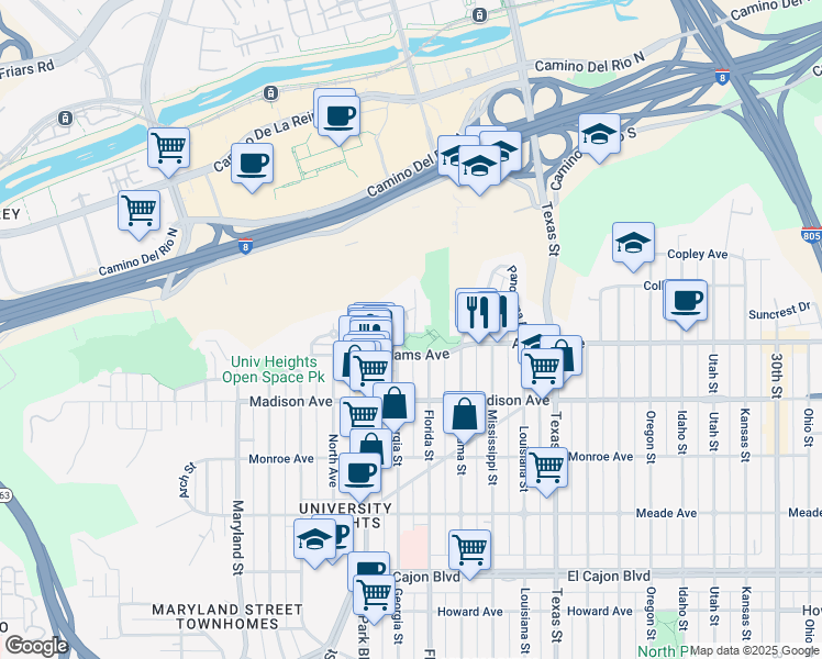 map of restaurants, bars, coffee shops, grocery stores, and more near 1943 Adams Avenue in San Diego