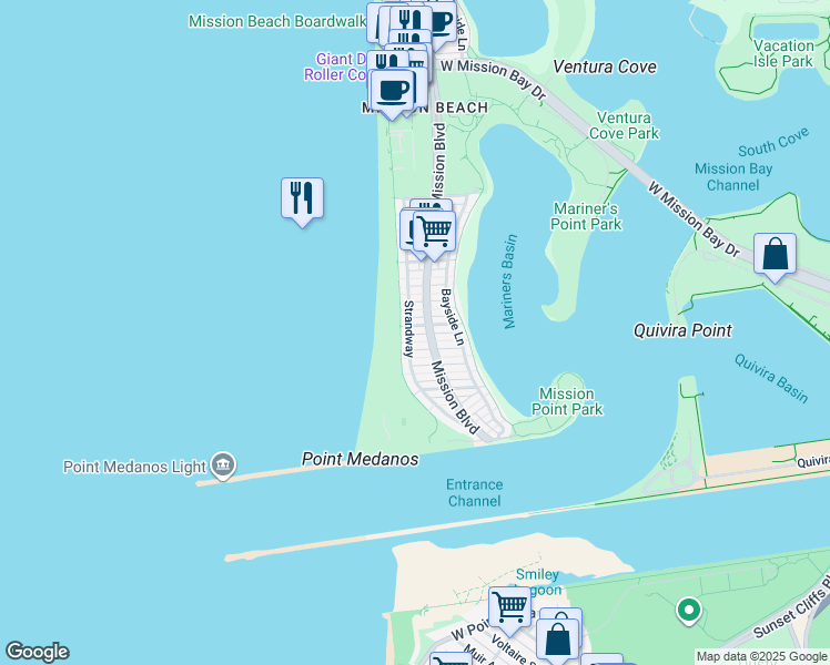 map of restaurants, bars, coffee shops, grocery stores, and more near 2742 Strandway in San Diego