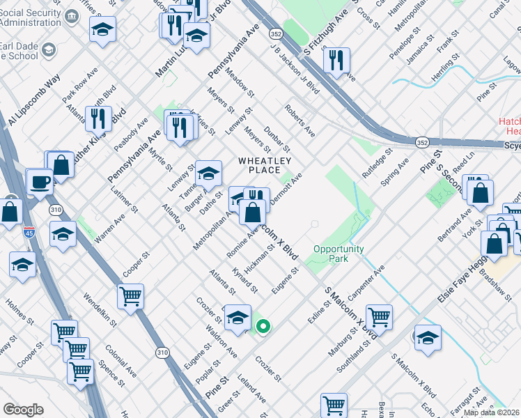 map of restaurants, bars, coffee shops, grocery stores, and more near 2814 Mc Dermott Avenue in Dallas