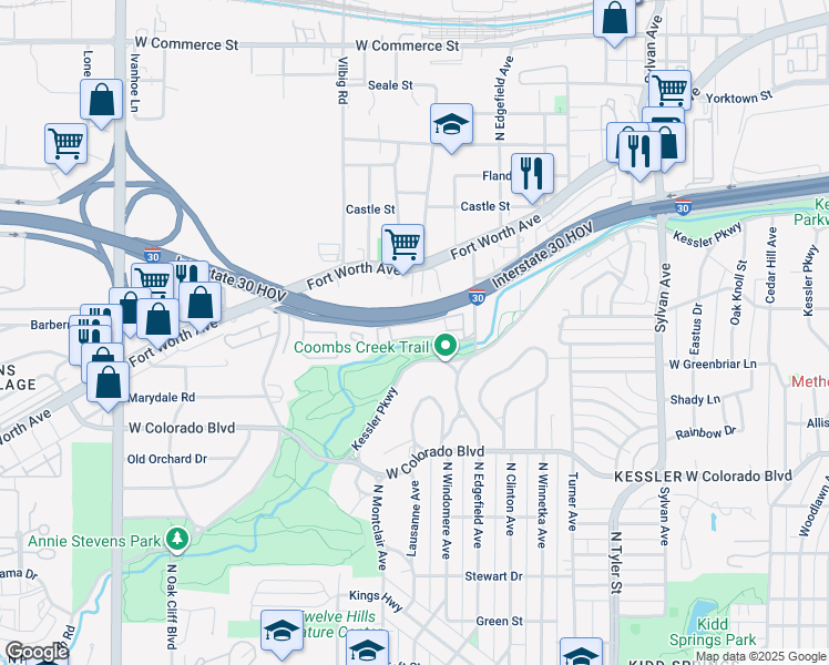 map of restaurants, bars, coffee shops, grocery stores, and more near 2121 Kessler Court in Dallas