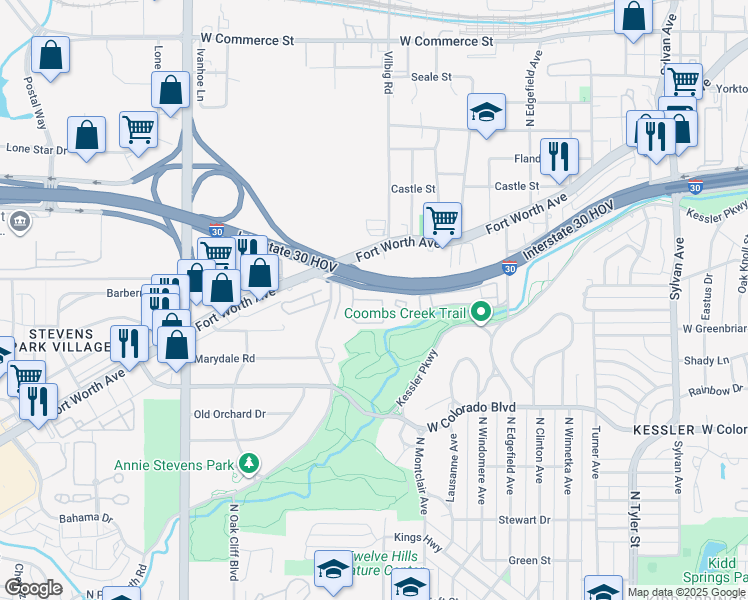 map of restaurants, bars, coffee shops, grocery stores, and more near 1442 Winding Brook Circle in Dallas