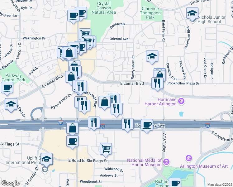 map of restaurants, bars, coffee shops, grocery stores, and more near 1807 Old Mill Drive in Arlington
