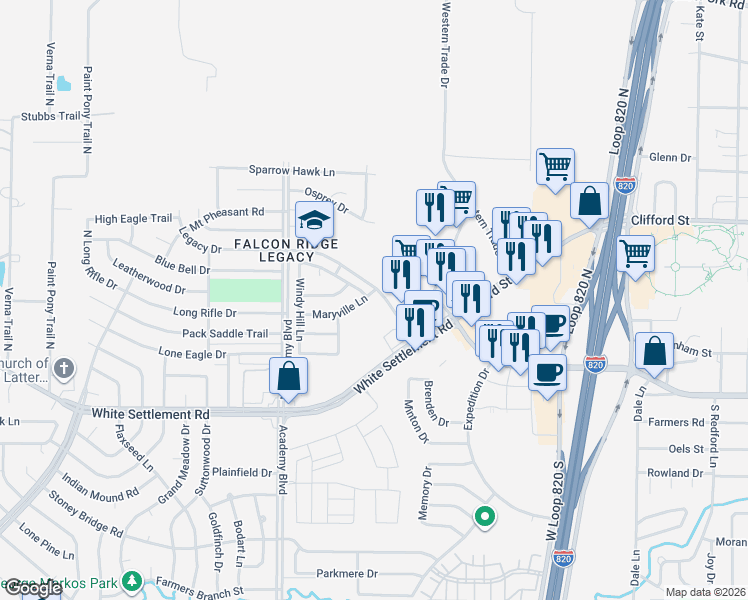 map of restaurants, bars, coffee shops, grocery stores, and more near 9702 Legacy Drive in Fort Worth