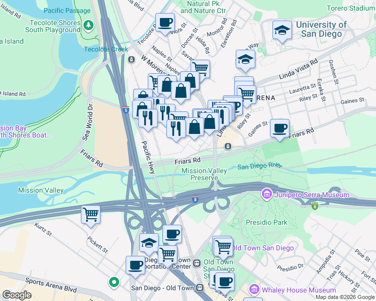 map of restaurants, bars, coffee shops, grocery stores, and more near 887 Sherman Street in San Diego