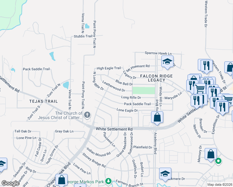 map of restaurants, bars, coffee shops, grocery stores, and more near 10121 Long Rifle Drive in Fort Worth