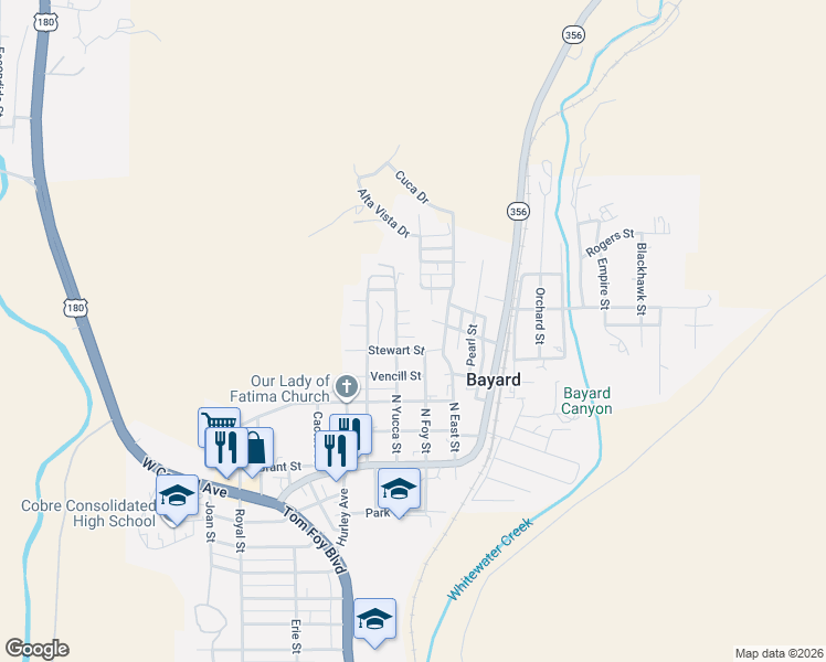 map of restaurants, bars, coffee shops, grocery stores, and more near 407-499 North Foy Street in Bayard