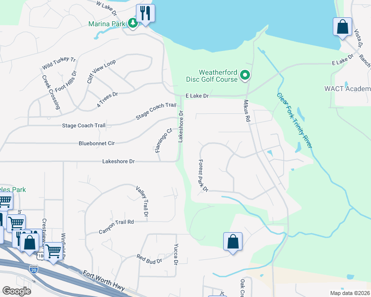 map of restaurants, bars, coffee shops, grocery stores, and more near 1153 Forest Park Drive in Weatherford