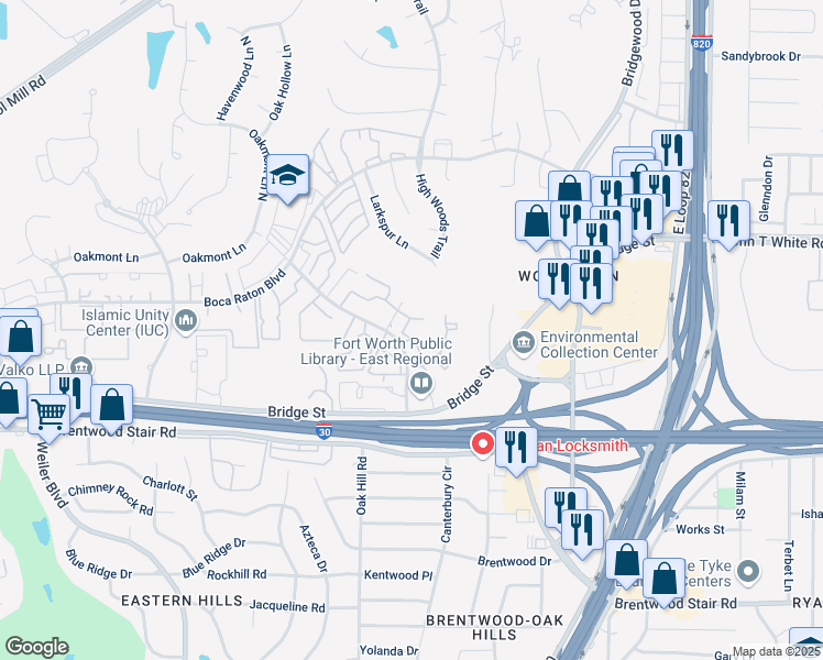 map of restaurants, bars, coffee shops, grocery stores, and more near 6001 Barton Hills Drive in Fort Worth