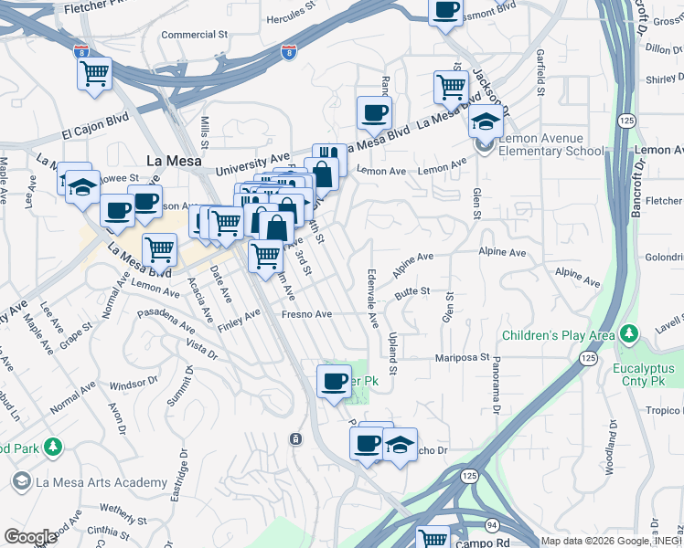 map of restaurants, bars, coffee shops, grocery stores, and more near 4579 4th Street in La Mesa