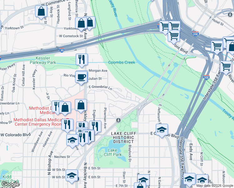 map of restaurants, bars, coffee shops, grocery stores, and more near 340 East Greenbriar Lane in Dallas
