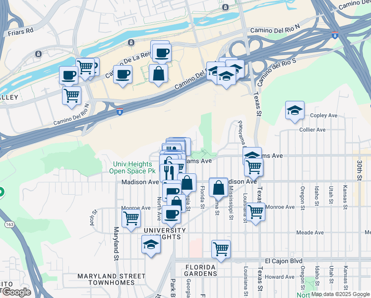 map of restaurants, bars, coffee shops, grocery stores, and more near 1830 Carmelina Drive in San Diego