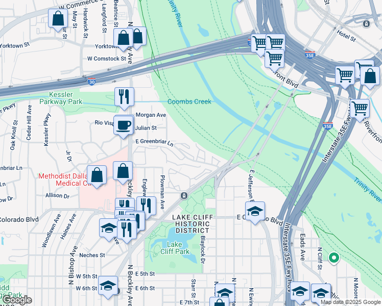 map of restaurants, bars, coffee shops, grocery stores, and more near 333 East Greenbriar Lane in Dallas