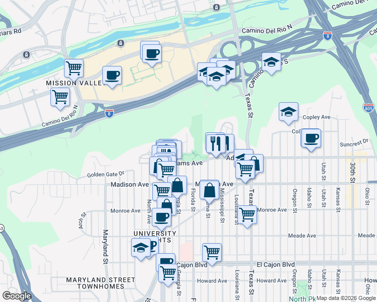 map of restaurants, bars, coffee shops, grocery stores, and more near 4735 Lomitas Drive in San Diego