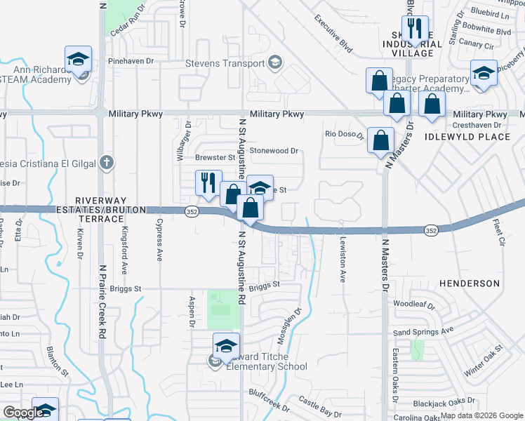 map of restaurants, bars, coffee shops, grocery stores, and more near 3002 North Saint Augustine Drive in Dallas