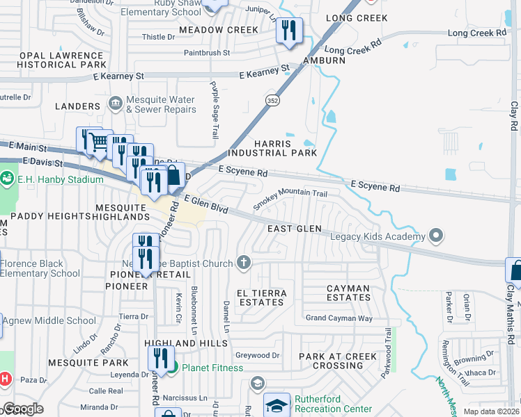map of restaurants, bars, coffee shops, grocery stores, and more near 1501 East Glen Boulevard in Mesquite