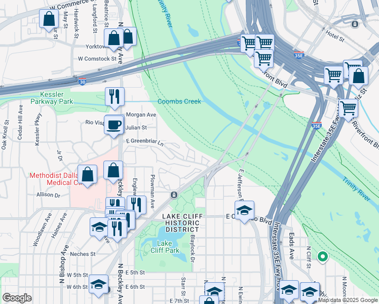 map of restaurants, bars, coffee shops, grocery stores, and more near 381 East Greenbriar Lane in Dallas