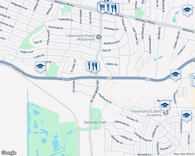 map of restaurants, bars, coffee shops, grocery stores, and more near Scyene Rd & N Jim Miller Rd in Dallas