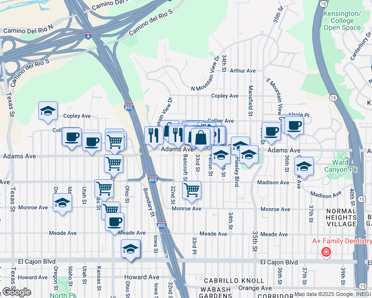 map of restaurants, bars, coffee shops, grocery stores, and more near Adams Ave & Bancroft St in San Diego