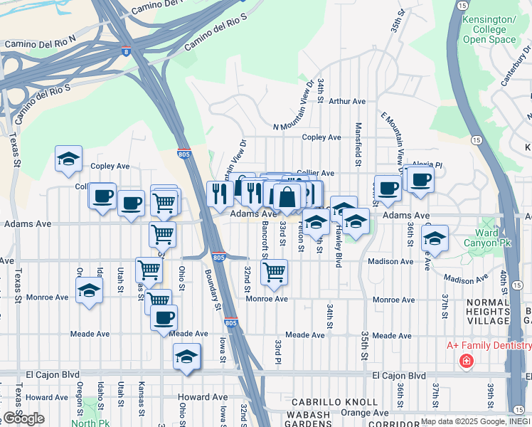 map of restaurants, bars, coffee shops, grocery stores, and more near Adams Avenue in San Diego