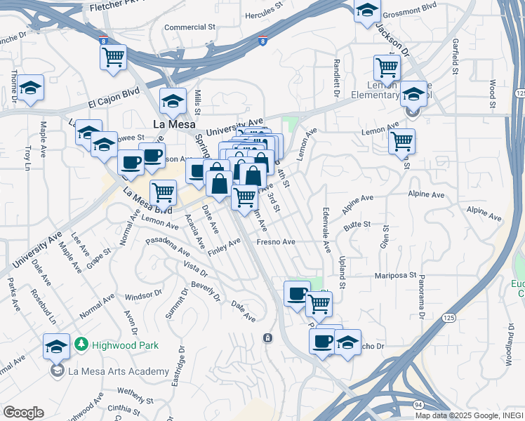 map of restaurants, bars, coffee shops, grocery stores, and more near 4645 Palm Avenue in La Mesa
