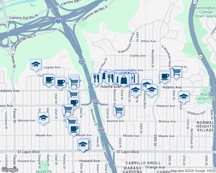 map of restaurants, bars, coffee shops, grocery stores, and more near Adams Ave & 32nd St in San Diego