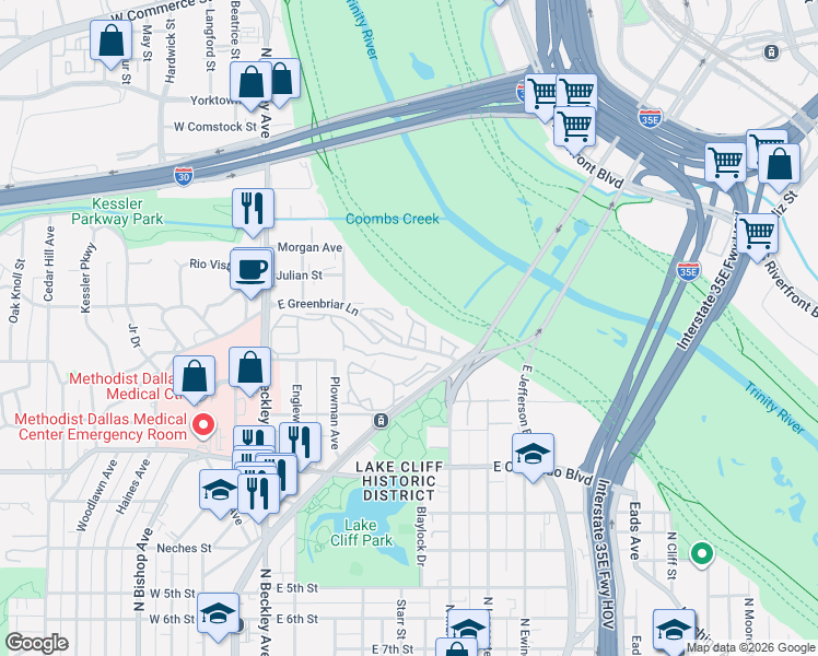 map of restaurants, bars, coffee shops, grocery stores, and more near 381 East Greenbriar Lane in Dallas