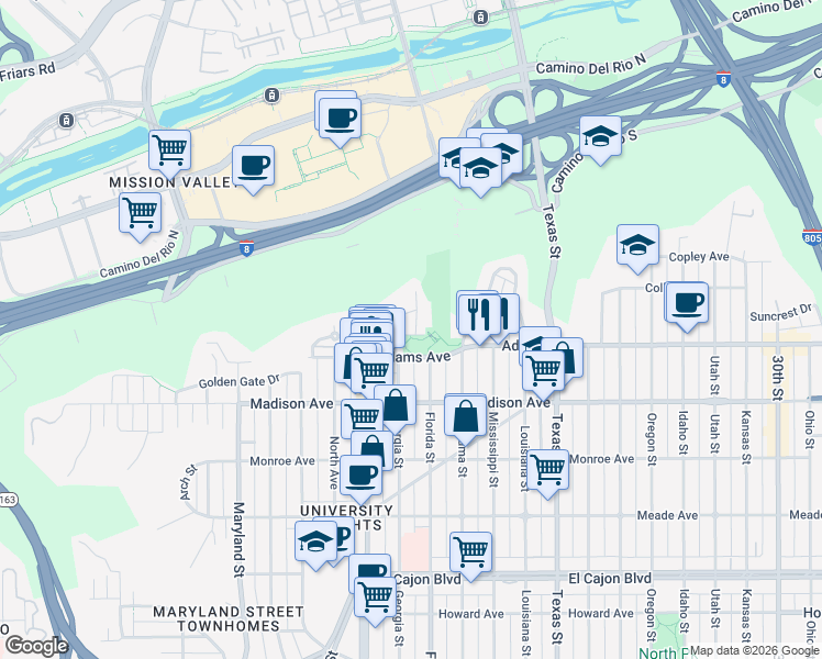 map of restaurants, bars, coffee shops, grocery stores, and more near 1918 Carmelina Drive in San Diego