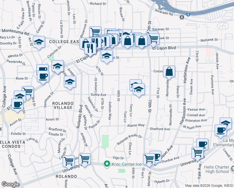 map of restaurants, bars, coffee shops, grocery stores, and more near 4671 68th Street in La Mesa