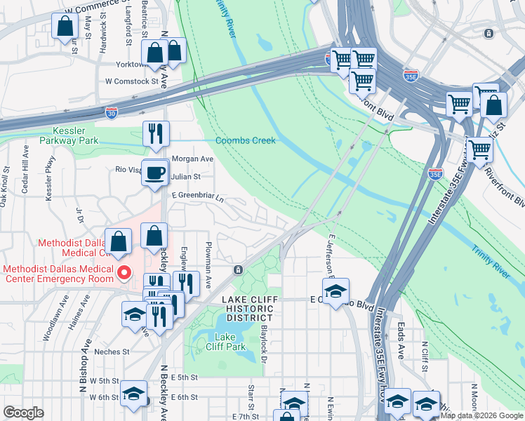 map of restaurants, bars, coffee shops, grocery stores, and more near 381 East Greenbriar Lane in Dallas