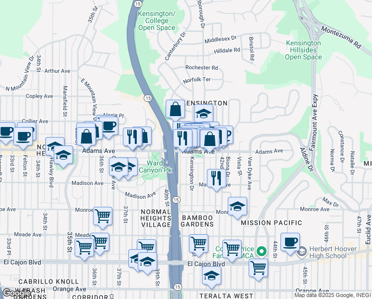 map of restaurants, bars, coffee shops, grocery stores, and more near 4072 Adams Avenue in San Diego