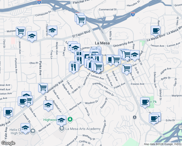 map of restaurants, bars, coffee shops, grocery stores, and more near 8011 Lemon Avenue in La Mesa