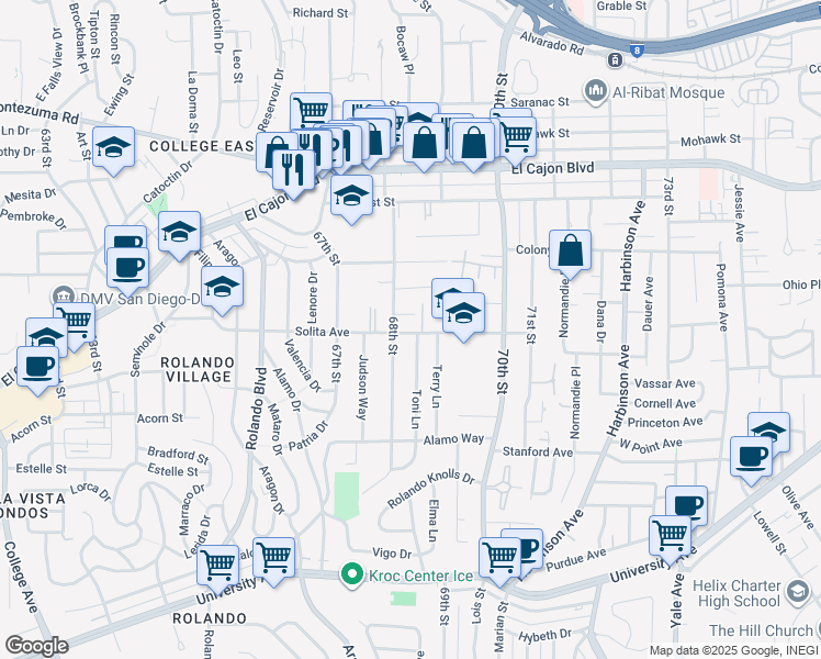 map of restaurants, bars, coffee shops, grocery stores, and more near 4671 68th Street in La Mesa