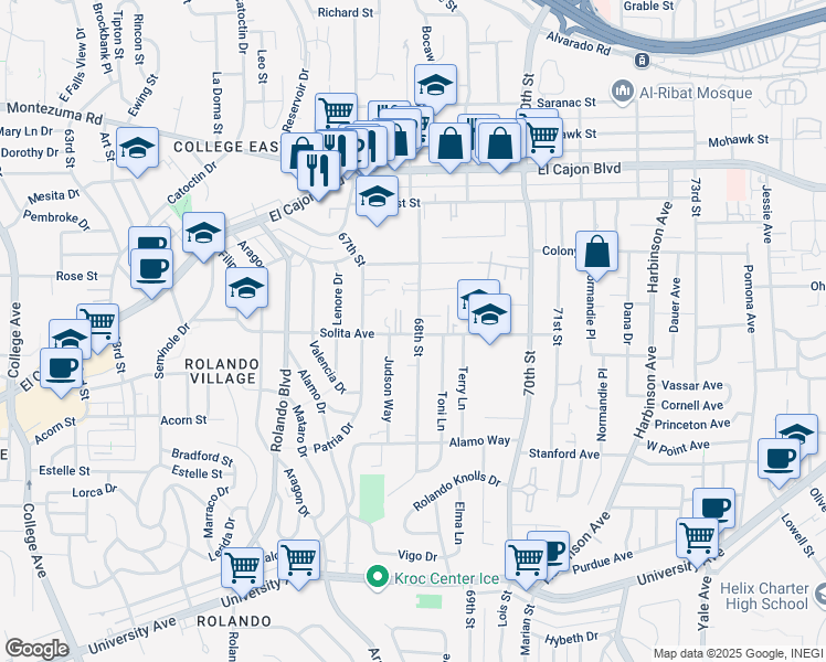 map of restaurants, bars, coffee shops, grocery stores, and more near 4671 68th Street in La Mesa