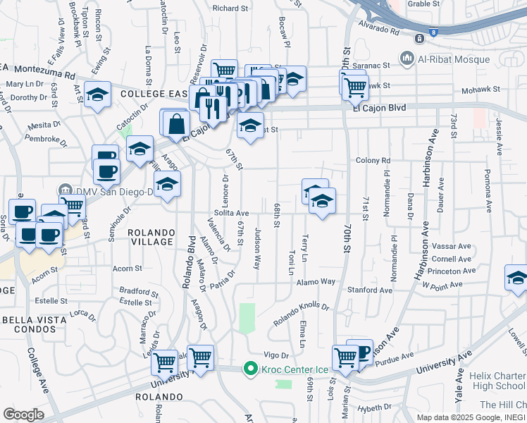 map of restaurants, bars, coffee shops, grocery stores, and more near 4666 Judson Way in La Mesa