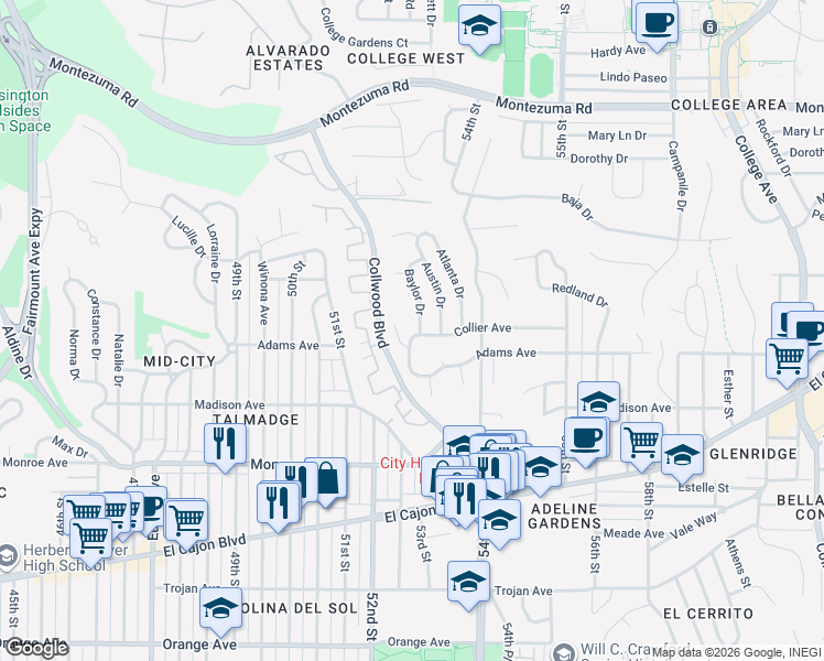 map of restaurants, bars, coffee shops, grocery stores, and more near 5302 Collier Avenue in San Diego