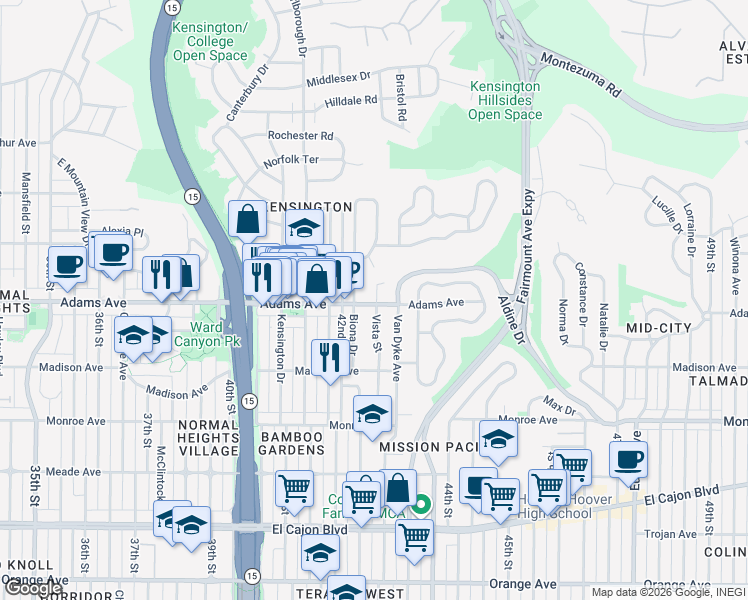 map of restaurants, bars, coffee shops, grocery stores, and more near 4688 Vista Street in San Diego