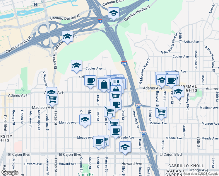 map of restaurants, bars, coffee shops, grocery stores, and more near 2940 Adams Avenue in San Diego