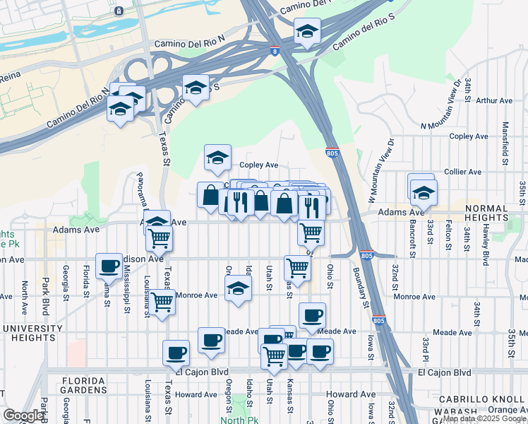 map of restaurants, bars, coffee shops, grocery stores, and more near 2816 Adams Avenue in San Diego