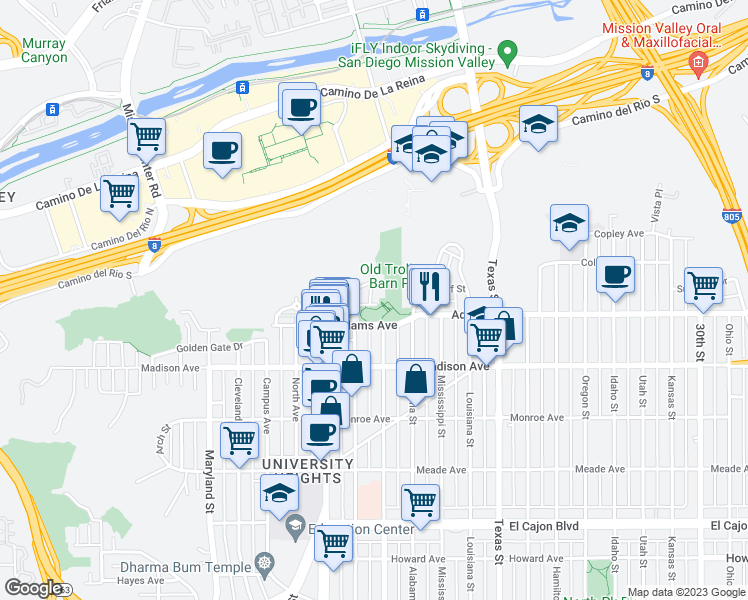map of restaurants, bars, coffee shops, grocery stores, and more near 1943 Adams Avenue in San Diego