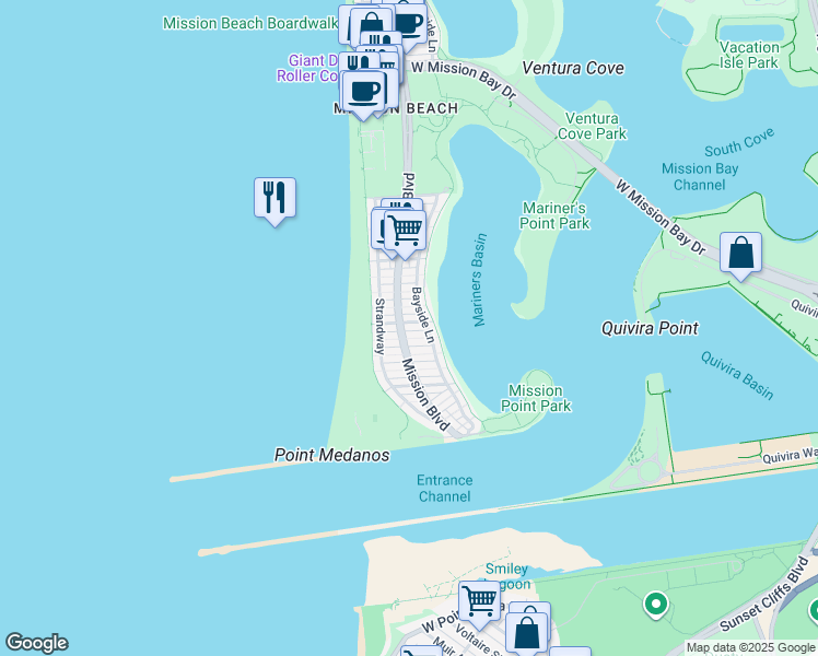 map of restaurants, bars, coffee shops, grocery stores, and more near in San Diego