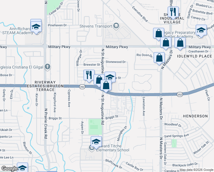 map of restaurants, bars, coffee shops, grocery stores, and more near 3002 North Saint Augustine Drive in Dallas