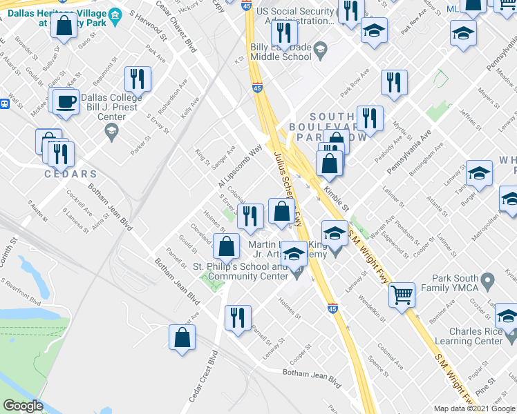map of restaurants, bars, coffee shops, grocery stores, and more near 1814 South Boulevard in Dallas