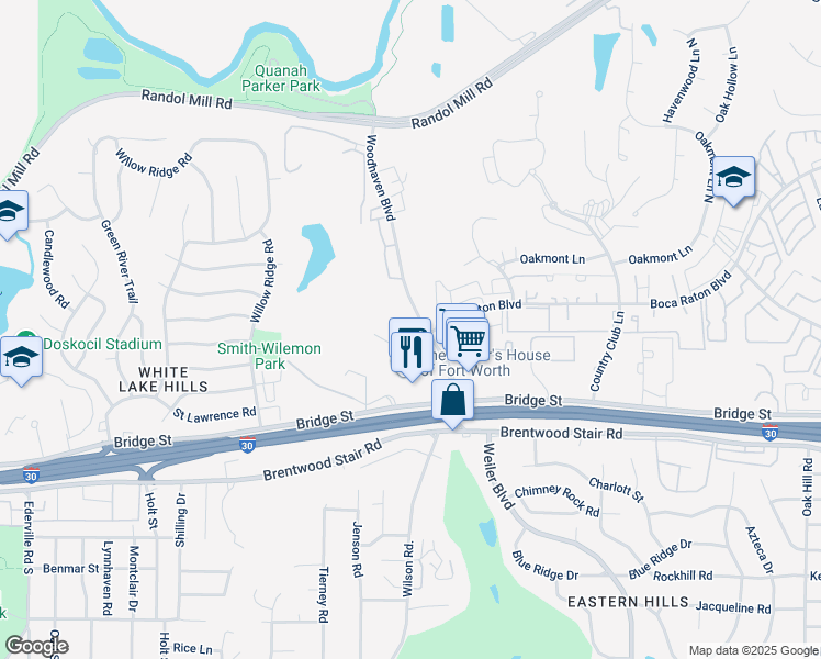 map of restaurants, bars, coffee shops, grocery stores, and more near 5301 Greenshaven Drive in Fort Worth