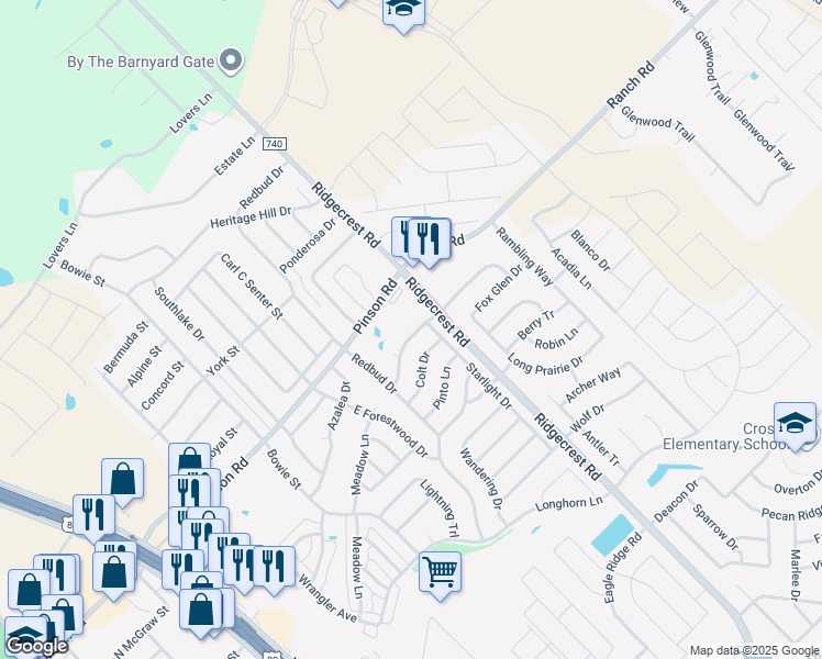 map of restaurants, bars, coffee shops, grocery stores, and more near 520 Tumbleweed Drive in Forney